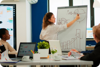 Analyzing growth charts on the whiteboard, digital strategy by Seventh Triangle Consulting in India.